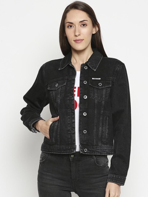 

LOVEGEN Women Black Washed Denim Jacket with Patchwork, Blue