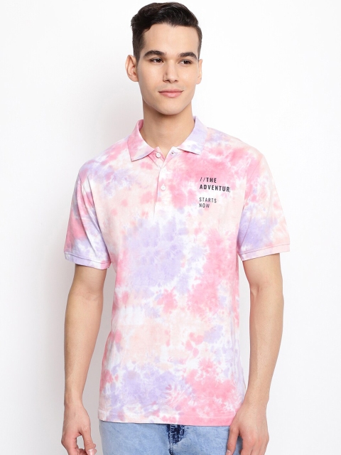 

Belliskey Men White & Pink Tie and Dye Dyed Cotton Polo Collar T-shirt