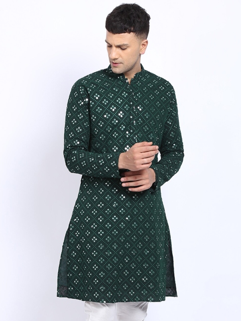 

TREEMODA Men Green Geometric Mirror Work Embroidered Georgette Kurta
