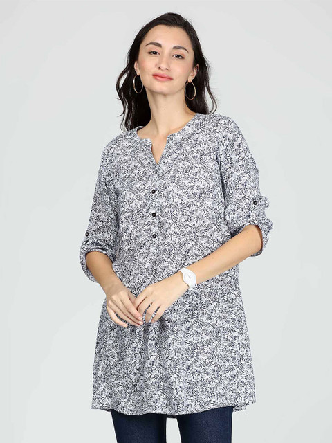 

IDK Women White Tropical Print Roll-Up Sleeves Top