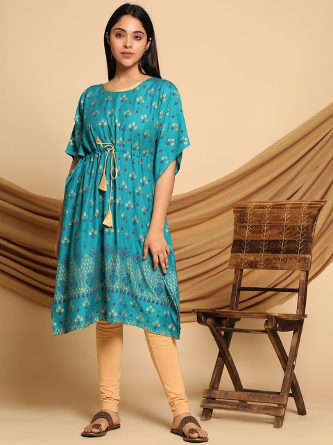 

KALINI Women Blue & Gold-Toned Ethnic Motifs Printed Flared Sleeves Kaftan Kurta