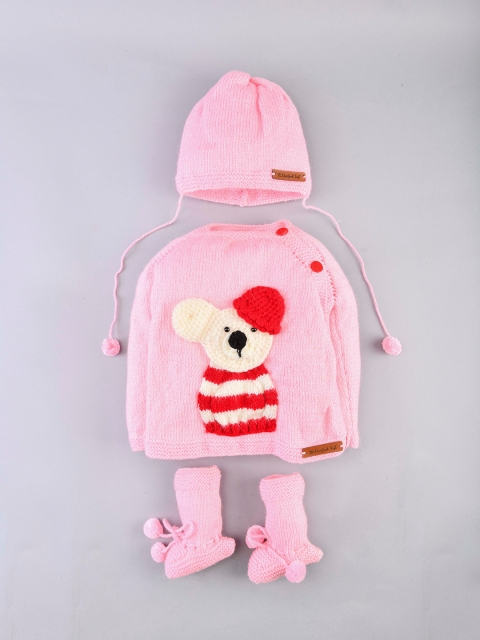 

The Original Knit Girls Pink & Red Teddy Pullover Handmade Sweater Set