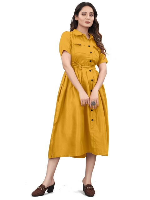 

N ENTERPRISE Mustard Yellow Button Down Shirt Collar Midi Dress