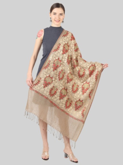 

MUFFLY Women Beige & Red Embroidered Stole