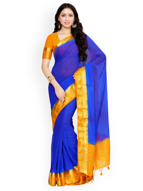 

MIMOSA Blue Poly Chiffon Solid Kanjeevaram Traditional Saree