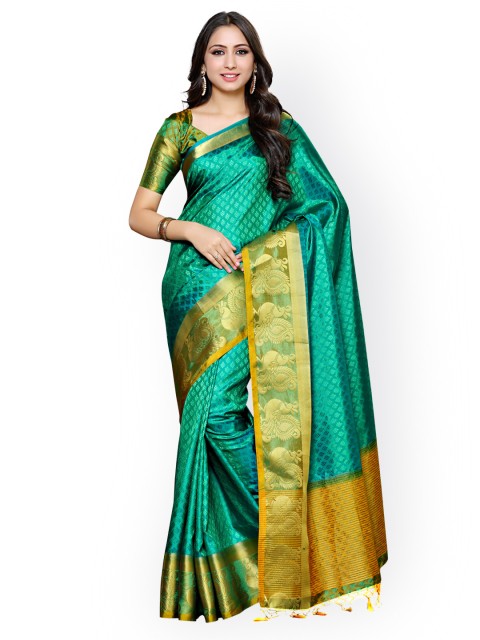 

MIMOSA Teal & Gold-Toned Art Silk Woven Design Kanjeevaram Saree