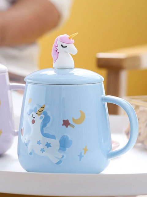 

Nestasia Blue Ceramic Unicorn Printed Ceramic Cup with Lid & Spoon