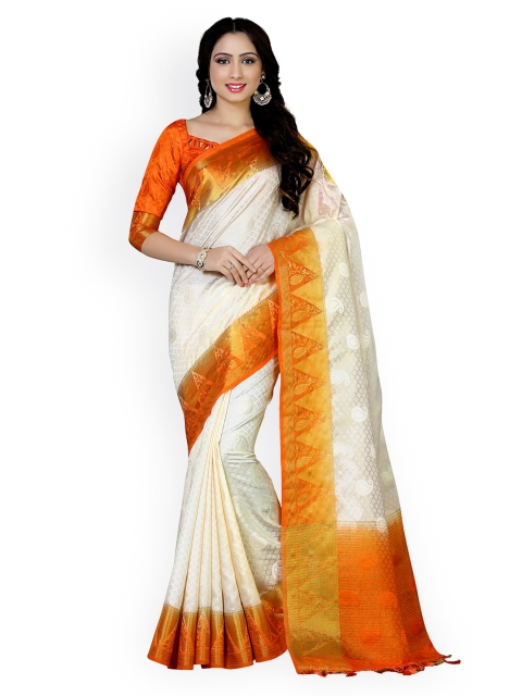 

MIMOSA Off-White & Orange Art Silk Woven Design Kanjeevaram Saree