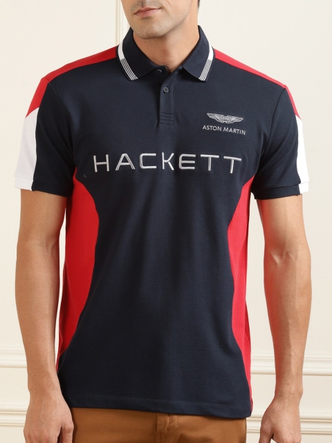 

HACKETT LONDON Men Navy Blue & Red Typography Polo Collar Slim Fit T-shirt