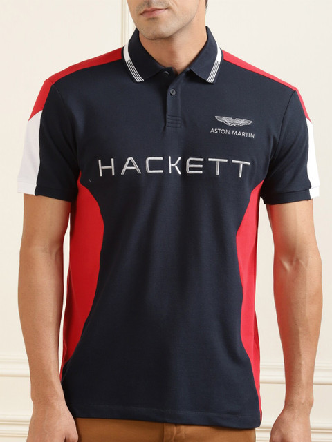 

HACKETT LONDON Men Navy Blue Typography Polo Collar Applique Slim Fit T-shirt