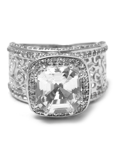 

HIFLYER JEWELS Rhodium-Plated Silver-Toned White Gemstone Studded Finger Ring