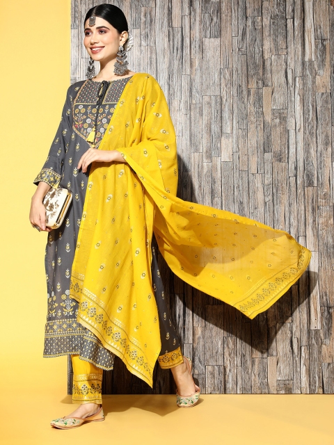 

ZOLA Women Ethnic Motifs Viscose Rayon Fluid Tie-Up Kurta Set, Grey