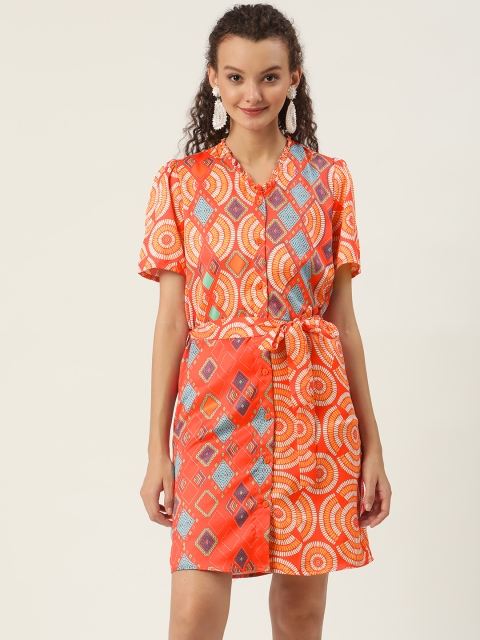 

SHAYE Women Orange Printed Shirt Dress with Belt