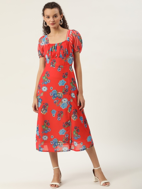 

SHAYE Women Red & Blue Floral A-Line Midi Dress