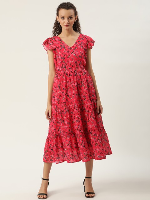 

SHAYE Women Fuchsia Pink & Black Floral Crepe A-Line Midi Dress