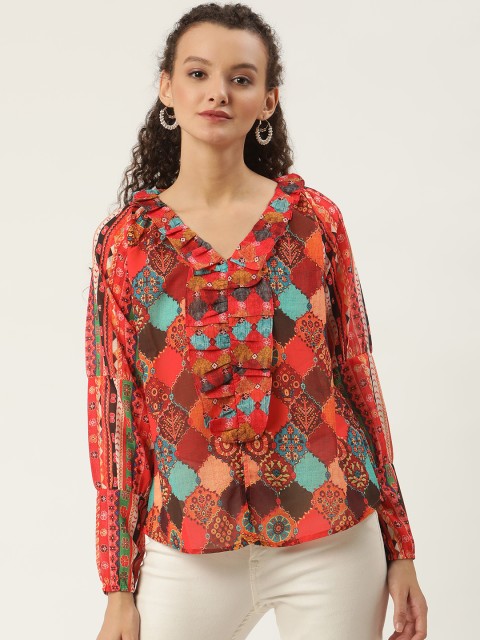 

SHAYE Women Red & Orange Ethnic Printed Top
