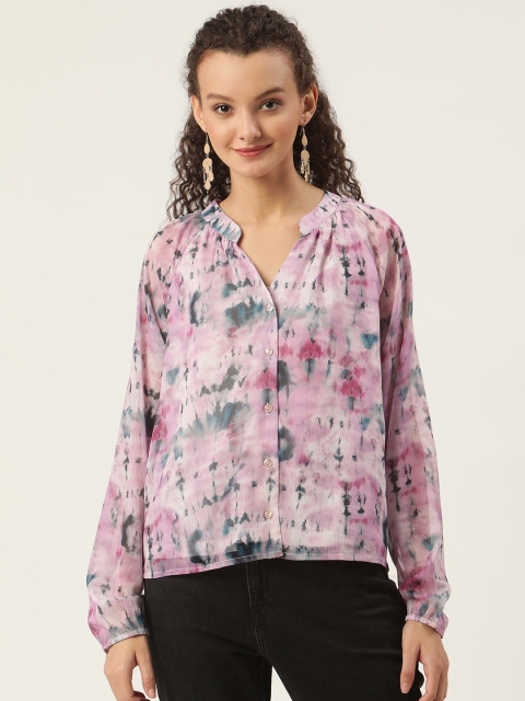 

SHAYE Women Pink & Grey Dyed Printed Mandarin Collar Shirt Style Top