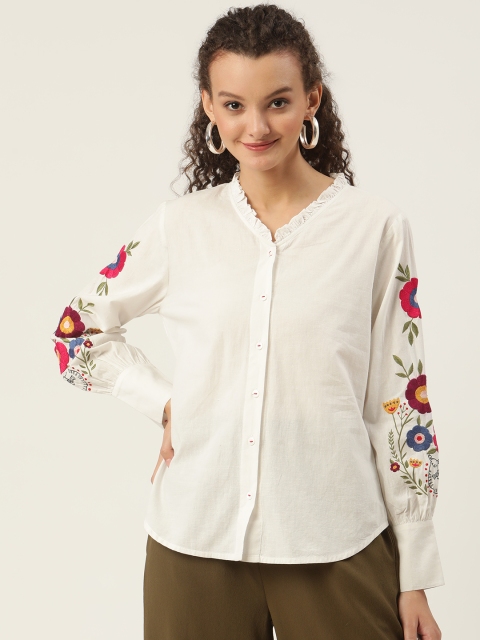 

SHAYE Women White Embroidered Mandarin Collar Shirt Style Top
