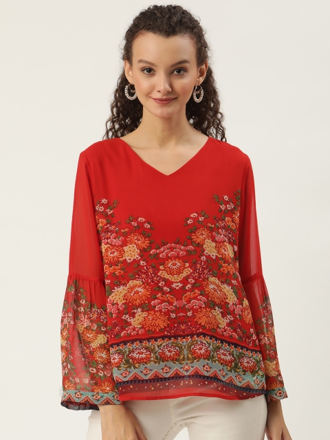 

SHAYE Women Red & Mustard Yellow Floral Print Crepe Top