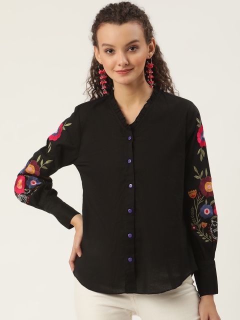 

SHAYE Women Black Embroidered Shirt Style Top
