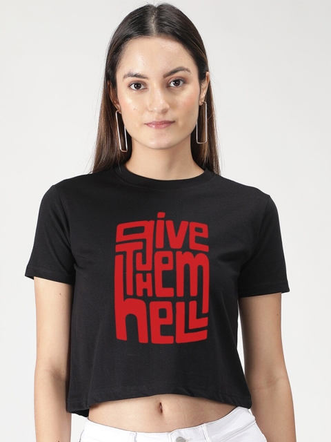 

TheBlackLover Women Black Typography Crop T-shirt