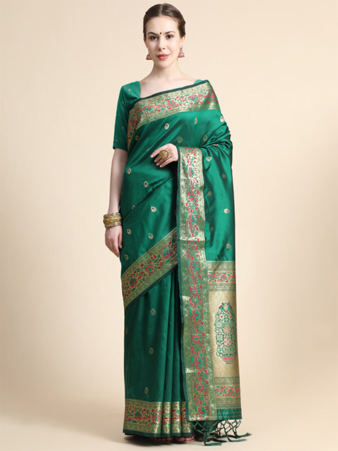 

KALANANDI Green & Gold-Toned Woven Design Zari Silk Blend Paithani Saree