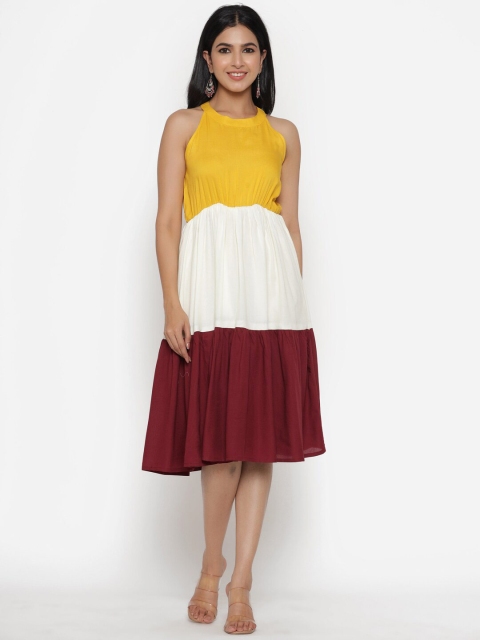 

DRESSAR Yellow White and Maroon Colourblocked Dress