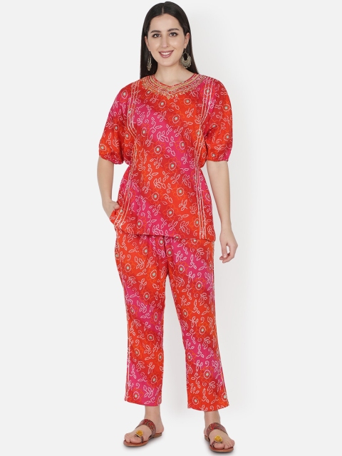 

TRISHLA INDIA Women Red Embellished Badhani Print Mirror Work Detail Co-ords Set