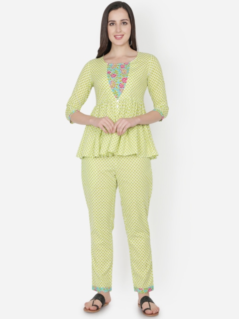

TRISHLA INDIA Women Green & Blue Printed Ethnic Cotton Tunic with Trousers