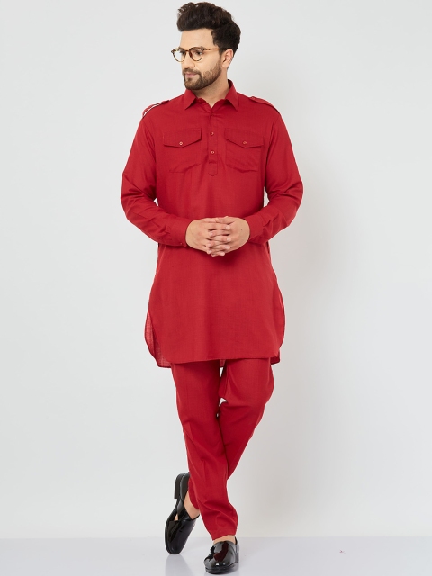 

Armaan Ethnic Men Red Solid Linen Pathani Kurta with Salwar