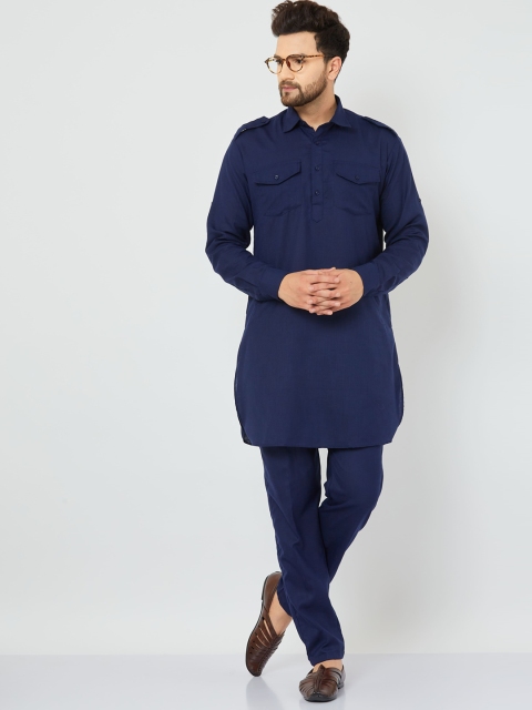 

Armaan Ethnic Men Navy Blue Solid Linen Pathani Kurta with Trousers