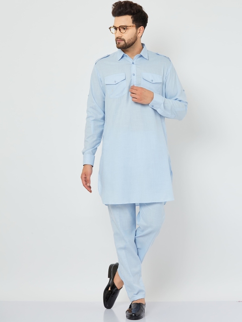 

Armaan Ethnic Men Blue Solid Linen Pathani Kurta with Salwar