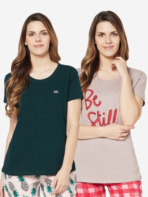 

GROVERSONS Paris Beauty Women Green & Beige Typography Pack Of 2 T-shirt