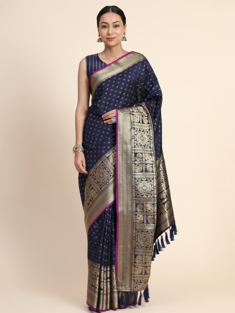 

KALANANDI Navy Blue & Gold-Toned Ethnic Motifs Zari Silk Blend Kanjeevaram Saree