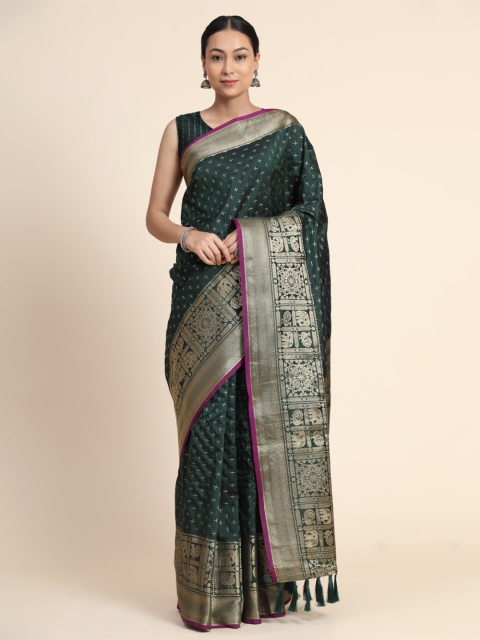 

KALANANDI Green & Pink Woven Design Zari Silk Blend Kanjeevaram Saree