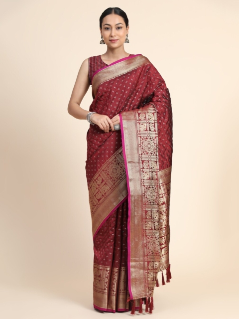 

KALANANDI Women Maroon & Gold-Toned Woven Design Zari Silk Blend Kanjeevaram Saree