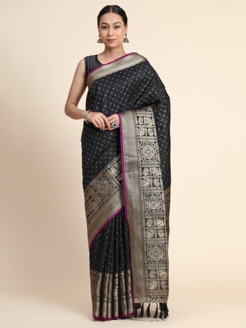 

KALANANDI Women Black & Silver-Toned Woven Design Zari Silk Blend Kanjeevaram Saree