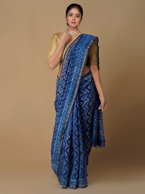 

Unnati Silks Navy Blue & White Ethnic Motifs Zari Pure Cotton Chanderi Saree