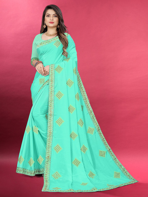 

Sidhidata Women Sea Green & Mustard Embroidered Kota Saree