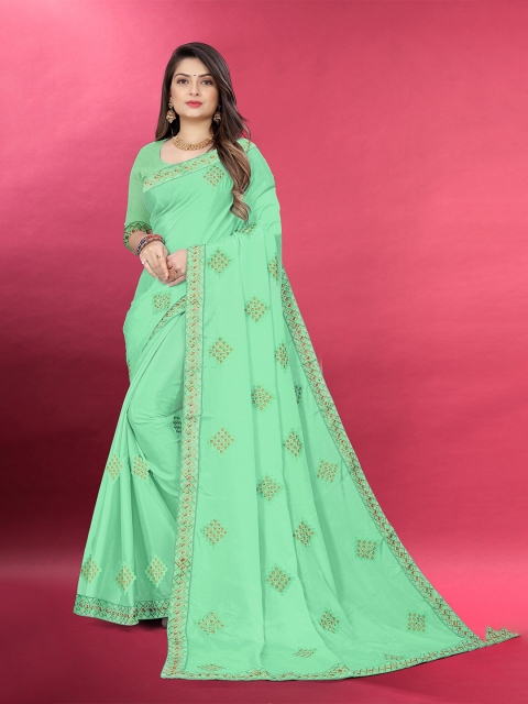 

Sidhidata Women Green & Gold-Toned Poly Georgette Embroidered Kota Saree