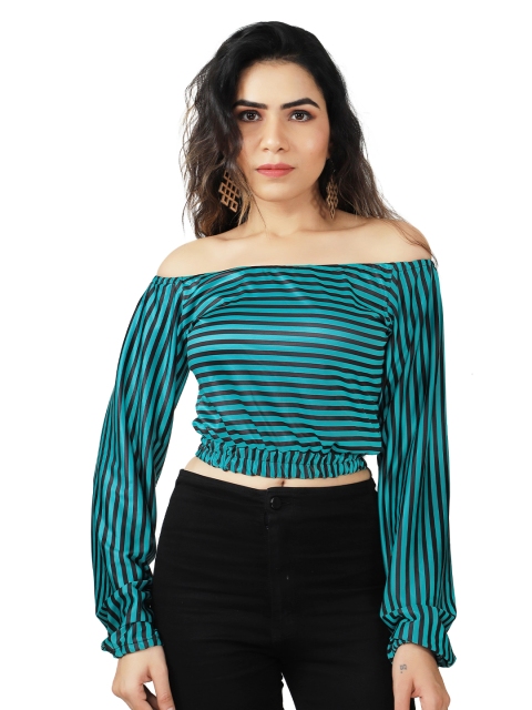 

Prime Lady Blue Striped Off-Shoulder Bardot Crop Top