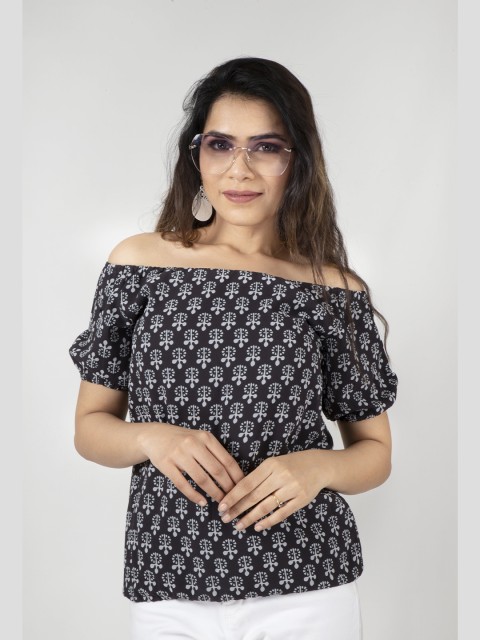 

Prime Lady Black Ethnic Motifs Printed Off-Shoulder Georgette Bardot Top