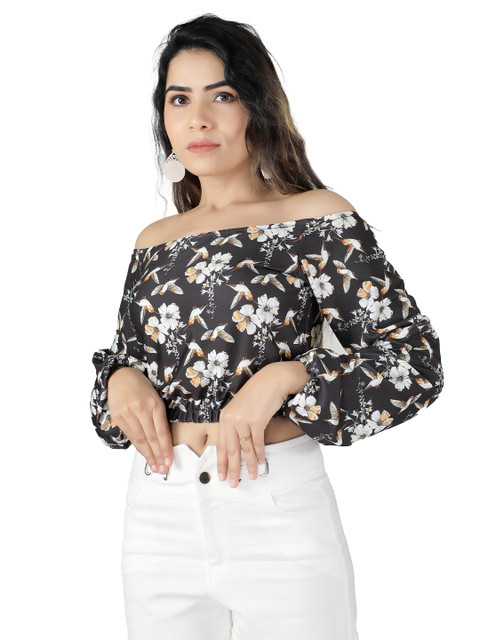 

Prime Lady Black Floral Print Off-Shoulder Bardot Crop Top