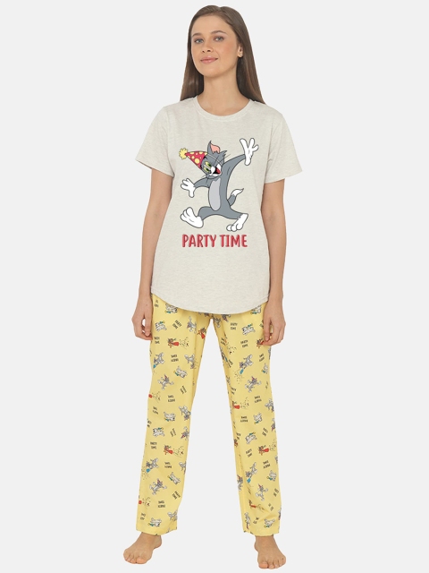 

SMUGGLERZ INC Women White & Yellow Tom & Jerry Printed Cotton Night suit