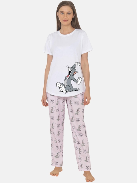 

SMUGGLERZ INC Women White & Lavender Tom & Jerry Printed Cotton Night suit