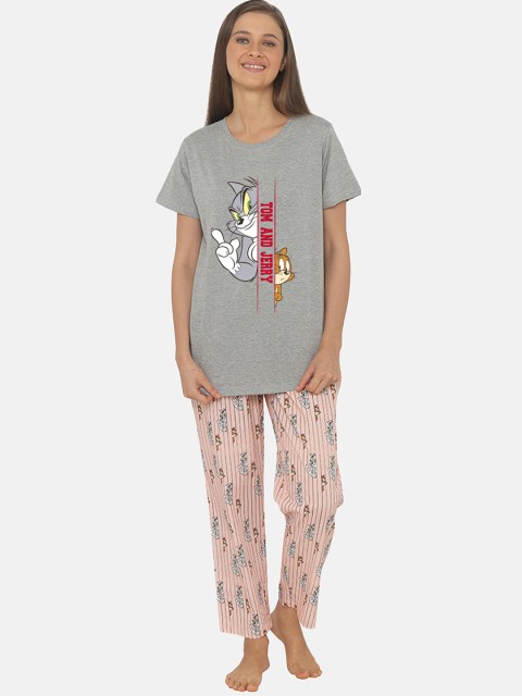 

SMUGGLERZ INC Women Peach& Grey Tom & Jerry Printed Cotton Night suit