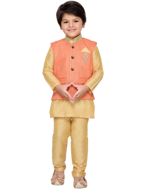 

Aj DEZInES Boys Beige & Orange Kurta with Pyjamas & Waistcoat