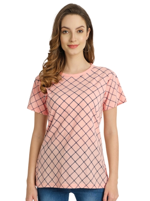 

CHOZI Women Peach-Coloured Checked Drop-Shoulder Sleeves Bio Finish T-shirt