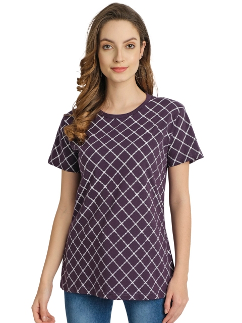 

CHOZI Women Purple Checked Bio Finish T-shirt