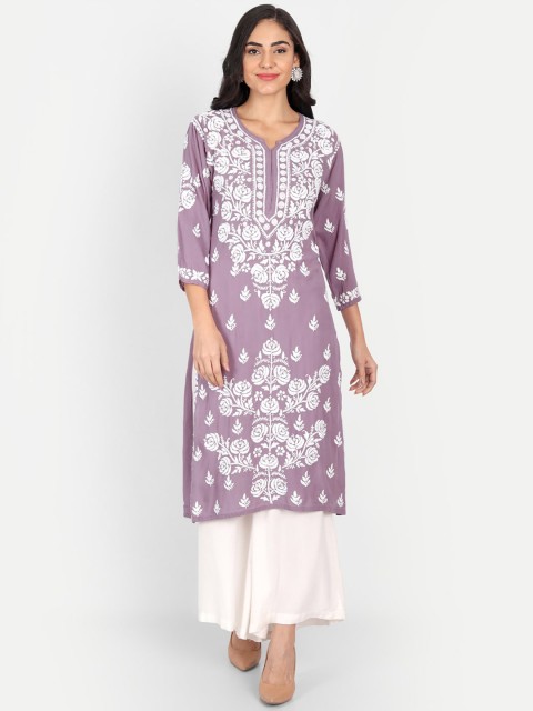 

Indiankala4u Women Lavender & White Floral Embroidered Chikankari Kurta